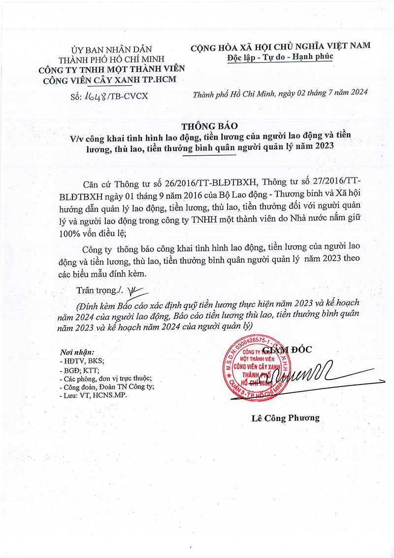 Thông báo về việc công khai tình hình lao động, tiền lương năm 2023